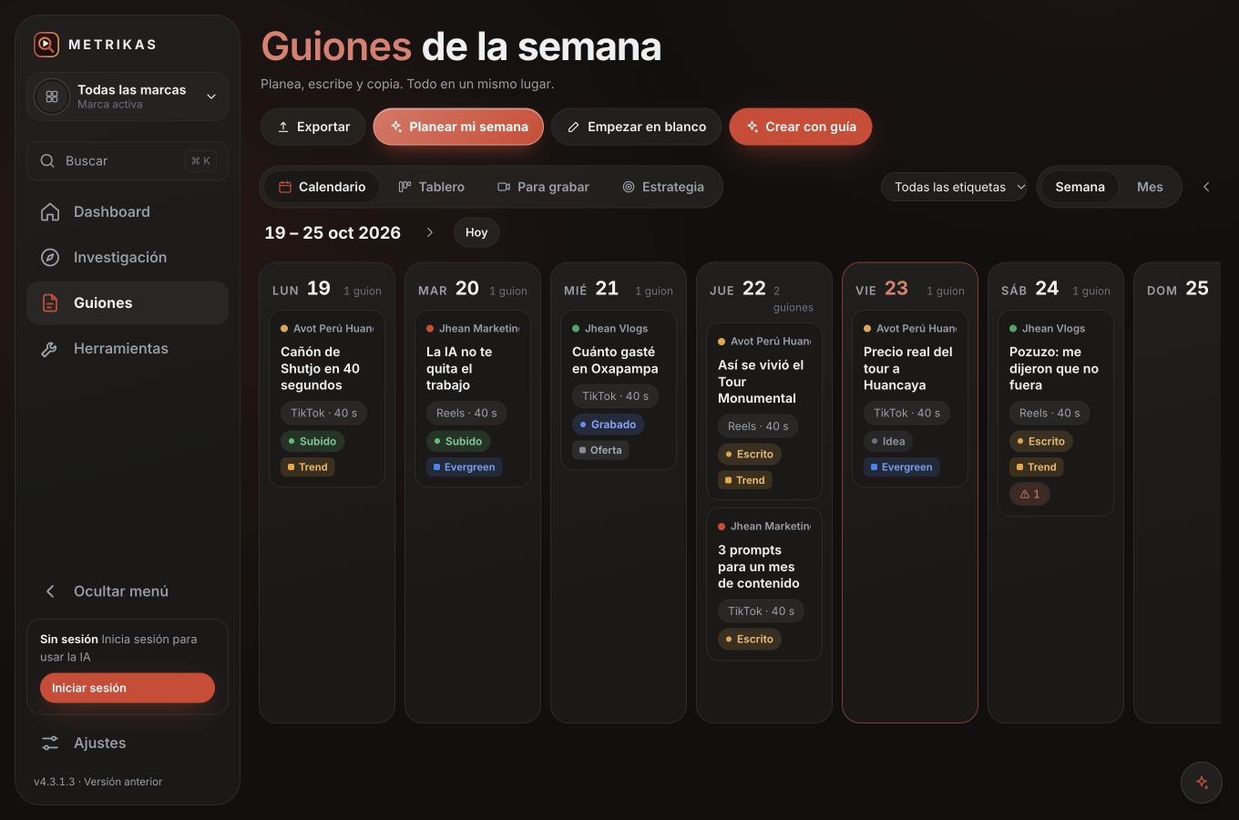 Calendario real de Metrikas con guiones, fechas, marcas y estados de publicación. Datos de ejemplo.