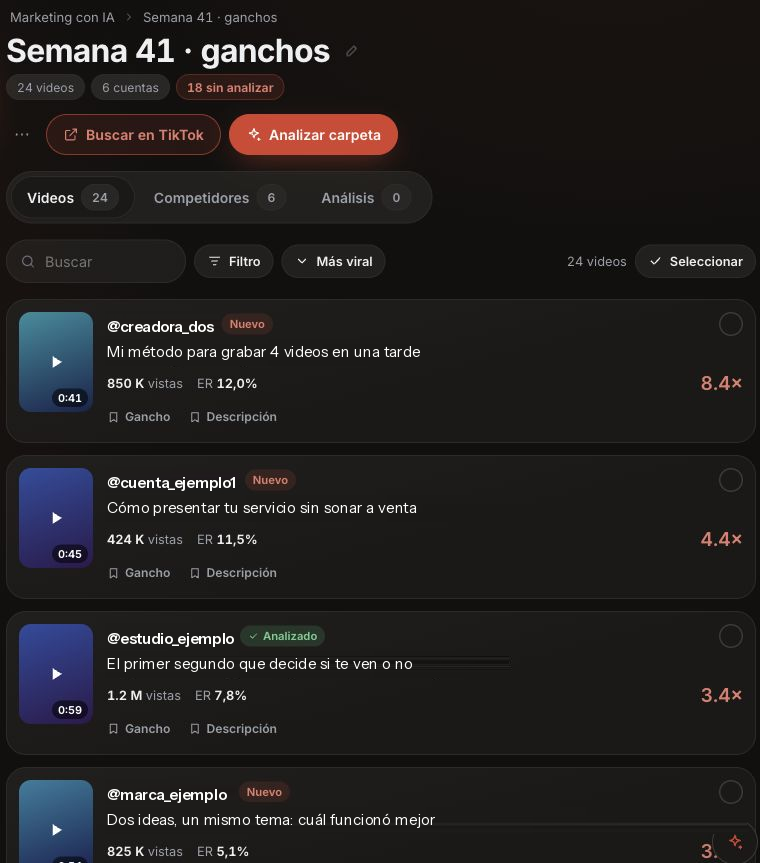 Detalle de la biblioteca: videos guardados con vistas, engagement y multiplicador de viralidad.