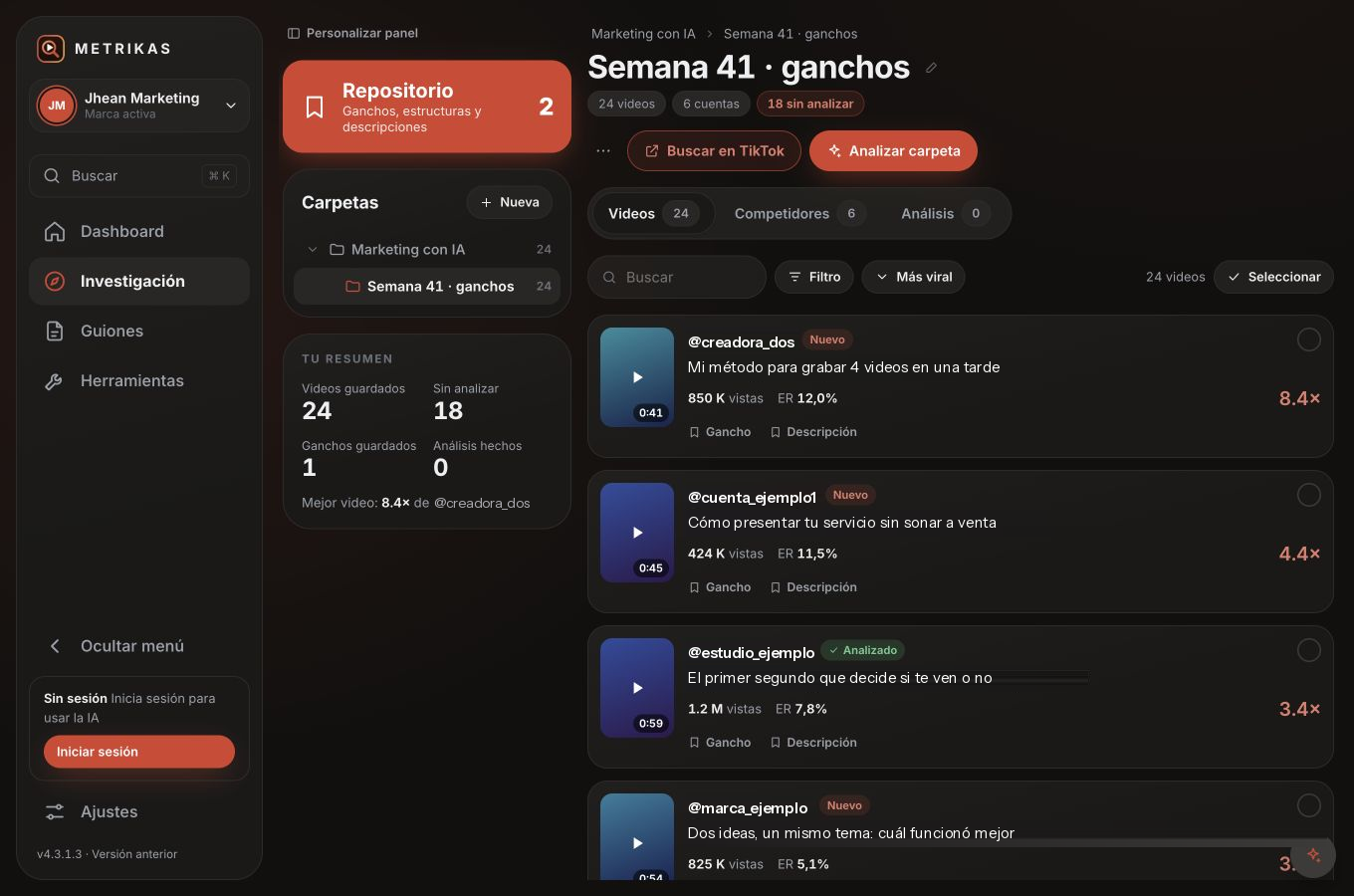 Interfaz de Metrikas: carpetas, videos de competidores, métricas y orden por viralidad. Datos de ejemplo.